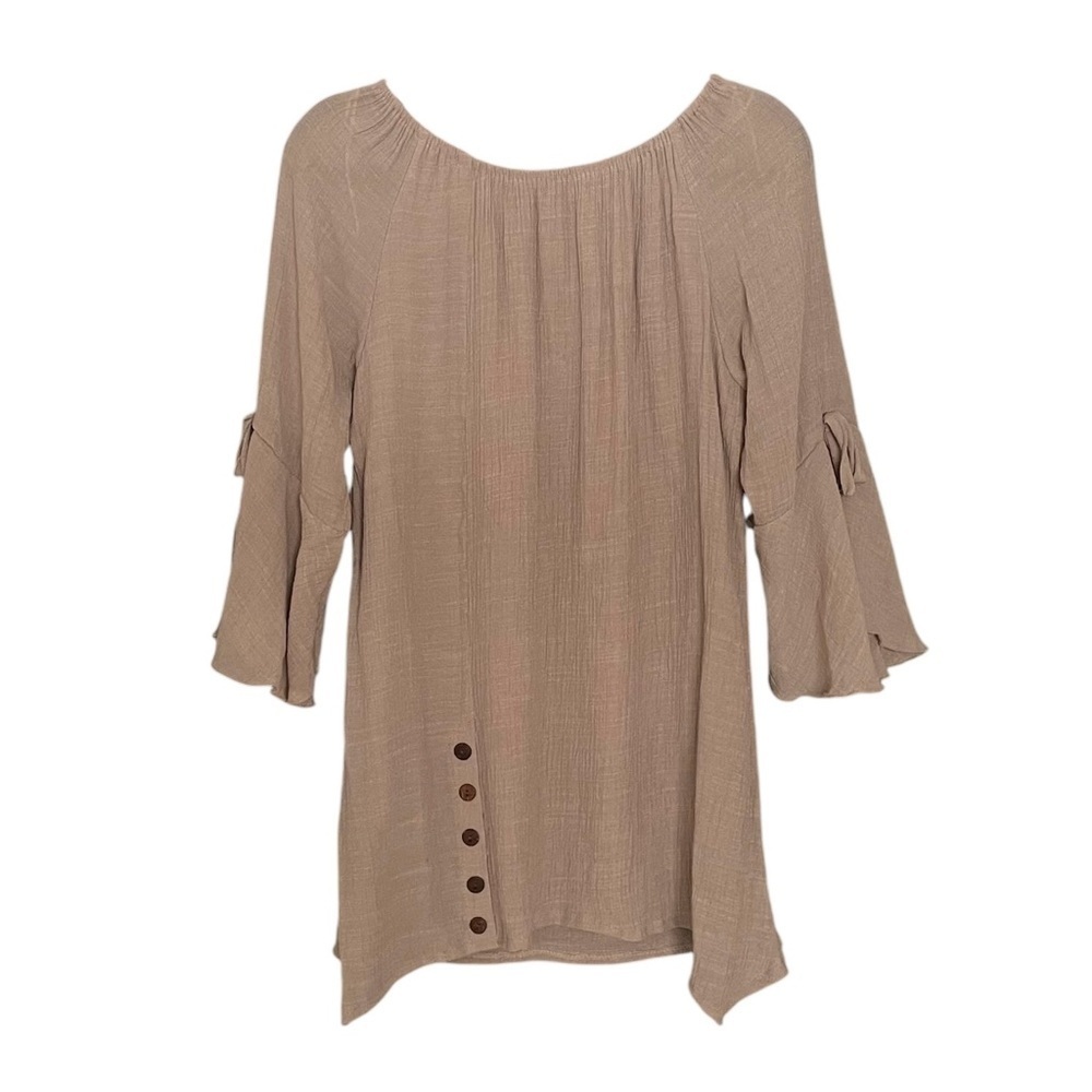 CASA DONNA Linen Cotton Scoop Neck 3/4 Wide Sleeve Long Blouse Tan L